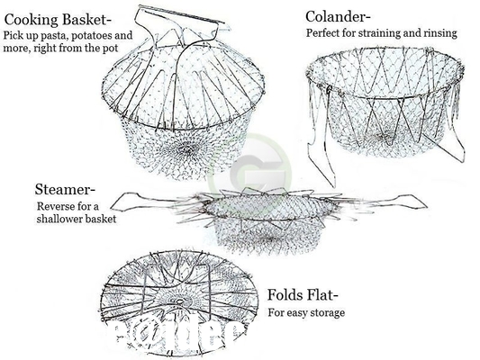 Chef metal basket strainer, Foldable Kitchen Fry chef basket, Cooking net wire mesh basket supplier