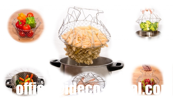 Chef metal basket strainer, Foldable Kitchen Fry chef basket, Cooking net wire mesh basket supplier